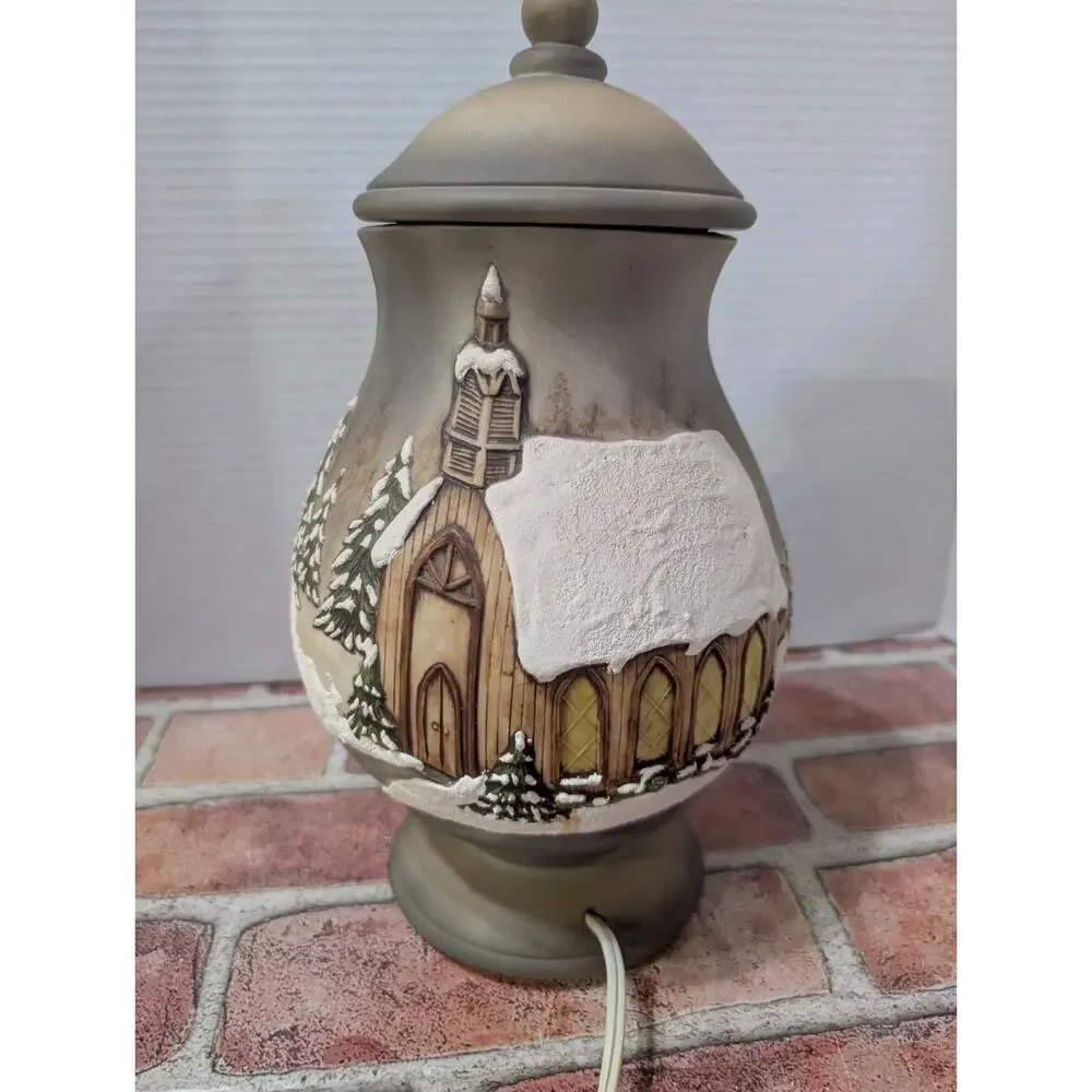 Vintage Hand Painted Ceramic Lamp Jar Light Snow Coverd Winter Church Home Scene